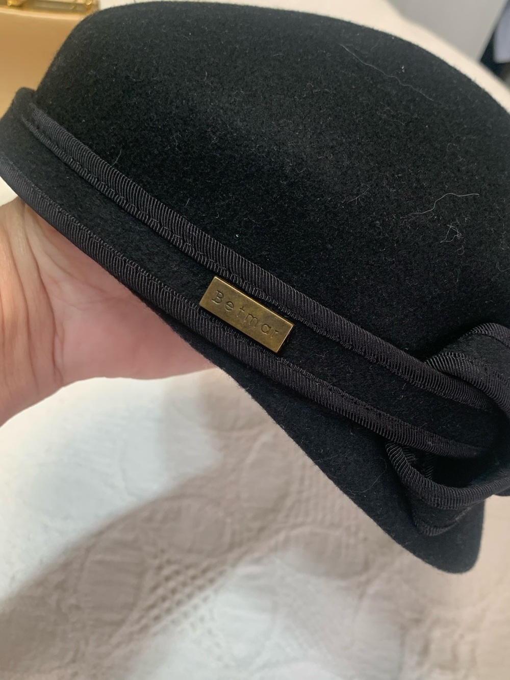 betmar Black Wool Cloche Hat with Bow Trim